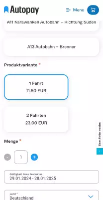 Schritt 3 Digitale Streckenmaut Österreich kaufen bei AUtopay