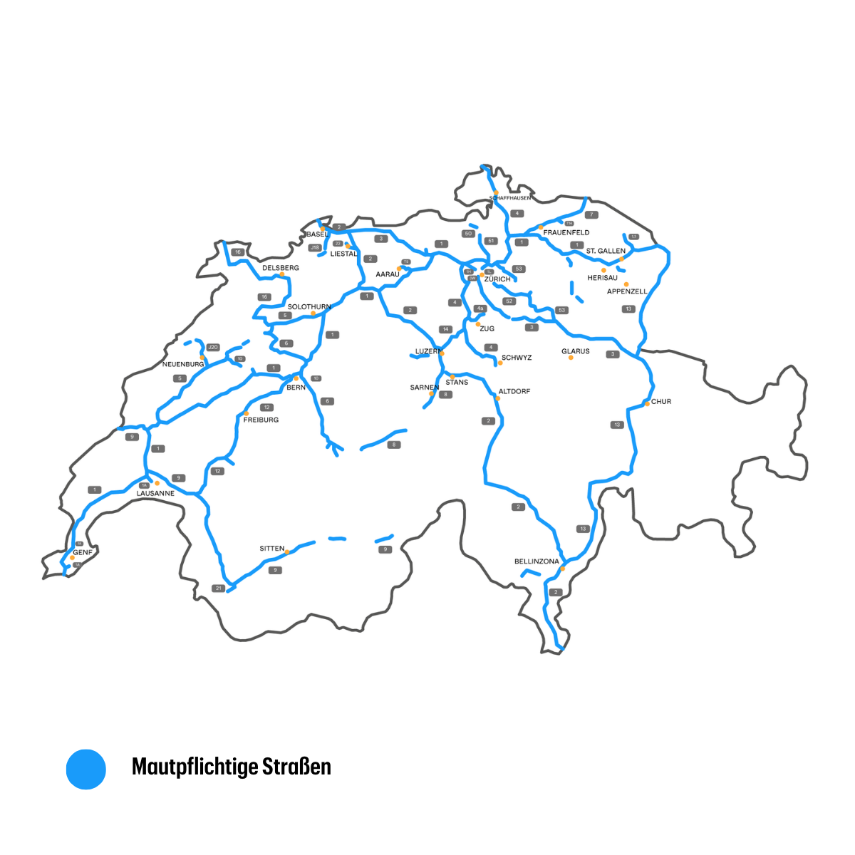 Gebührenpflichtige Strecken in der Schweiz - Karte